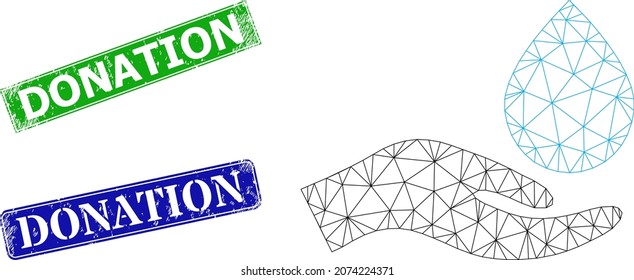 Polygonal water donation hand model, and Donation blue and green rectangular dirty stamp seals. Polygonal wireframe illustration designed with water donation hand pictogram.