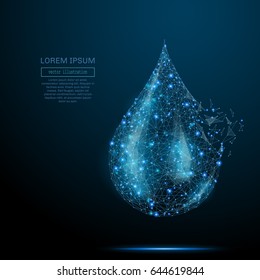 Polygonal Water drop. Vector mesh spheres from flying debris. Thin line concept. Blue structure style illustration