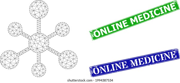 Polygonal web connections model, and Online Medicine blue and green rectangular dirty seal prints. Polygonal carcass image designed with web connections icon.