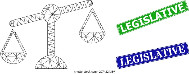 Polygonal weight measure image, and Legislative blue and green rectangle dirty stamp seals. Polygonal wireframe image is based on weight measure icon.