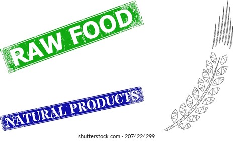 Polygonal wheat ear image, and Raw Food blue and green rectangle dirty seal imitations. Polygonal wireframe image designed with wheat ear pictogram.