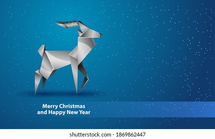 Polygonal white deer on blue snowy background. Merry Christmas and Happy New Year banner with copy space.