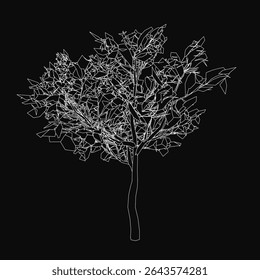 Polygonal white tree stands out against a stark black background, featuring intricate low-poly lines and geometric shapes. The minimalist design creates a striking contrast, ideal for modern.