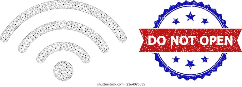 Polygonal Wi-Fi hotspot carcass icon, and bicolor scratched Do Not Open seal. Polygonal carcass symbol is designed with Wi-Fi hotspot pictogram.