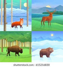 Polygonal wild animals on 2x2 background with landscapes set isolated vector illustration