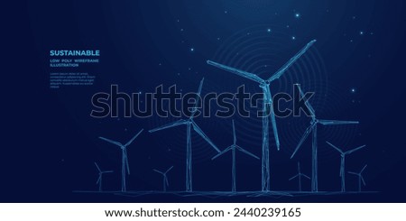 Polygonal wind power. Wind turbine farm landscape. Abstract technology futuristic 3D windmill park. Sustainable energy on electric blue background.  Low poly digital wireframe vector illustration.