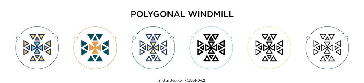 Polygonal windmill icon in filled, thin line, outline and stroke style. Vector illustration of two colored and black polygonal windmill vector icons designs can be used for mobile, ui, web