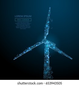 Polygonal windmill. Vector mesh spheres from flying debris. Thin line concept. Blue structure style illustration