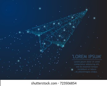 Polygonal wire frame low poly mash with gots, lines, stars and looks like constellation - paper plane. Concept, symbol, illustration or background.