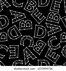 Polygonal wire vector lettering - font alphabet. Line and dots letters. Seamless pattern