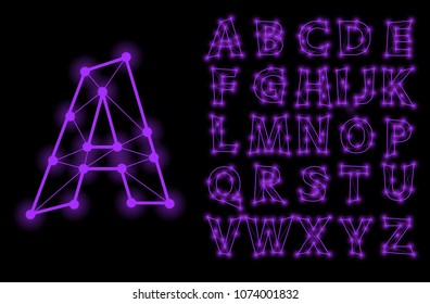 Polygonal wire vector lettering - font alphabet. Line and dots letters.
