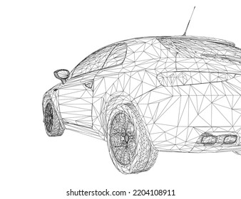 Marco de alambre poligonal de la parte posterior del coche a partir de líneas negras aisladas en un fondo blanco. Vista posterior. 3 D. Ilustración vectorial.