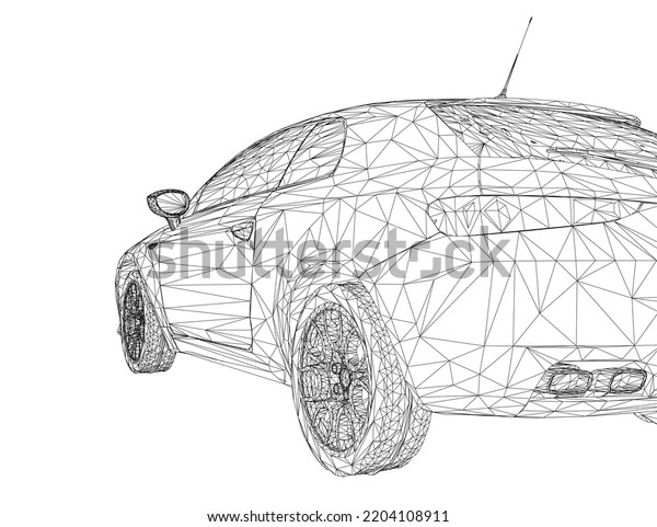 Polygonal wireframe of the back of the car\
from black lines isolated on a white background. Back view. 3D.\
Vector illustration.