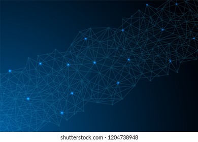 Comunicación en segundo plano del modelo de alambre poligonal. Plantilla de conexiones de red global. Líneas complejas y fondo de puntos. Visualización de datos digitales. Ilustración de polos bajos.