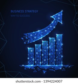 Polygonal wireframe business strategy composition with editable text and images of columns and arrow shining particles vector illustration