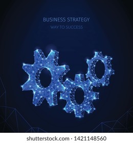 Polygonal wireframe business strategy composition with shimmering images of gear icons with shining particles and text vector illustration
