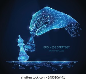 Polygonal wireframe business strategy composition with glittering images of human hand with chess pieces with text vector illustration