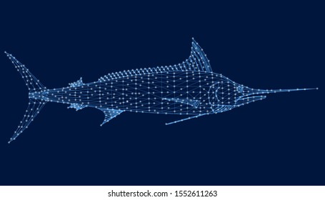 Polygonal wireframe fish sword with luminous lights on a dark background. Side view. Vector illustration