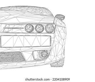 Marco de alambre poligonal de la parte delantera del coche a partir de líneas negras aisladas en un fondo blanco. Vista frontal. 3 D. Ilustración vectorial.