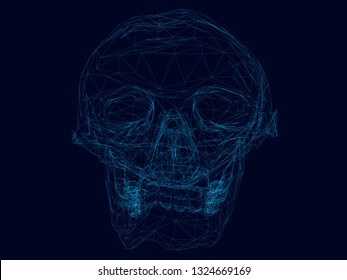 Polygonal wireframe of the human skull of blue lines on a dark background. Distorted human skull. Vector illustration.