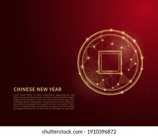 Polygonal wireframe illustration of gold coin. Abstract low poly Chinese gold coin. Polygonal wireframe illustration with lines and dots. Vector concept illustration.