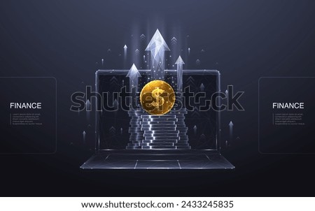 Polygonal wireframe laptop with a golden dollar coin, digital coin stack, and abstract growth arrows up. Business and financial dark background. 3D computer with gold money. Vector tech illustration.