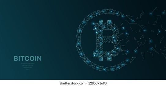 Polygonal wireframe mesh futuristic with bitcoin crypto concept sign on dark background. Vector lines, dots and triangle shapes, connecting network, digital molecules technology, connection structure.