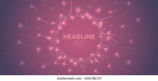 Polygonal wireframe mesh futuristic with circle frame, concept sign on pink background. Vector lines, dots and triangle shapes, connecting network, digital molecules technology, connection structure. 