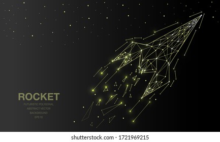 Polygonal wireframe mesh futuristic with rocket, sign on dark background. Vector lines, dots and triangle shapes, connecting network, digital molecules technology, connection structure. 