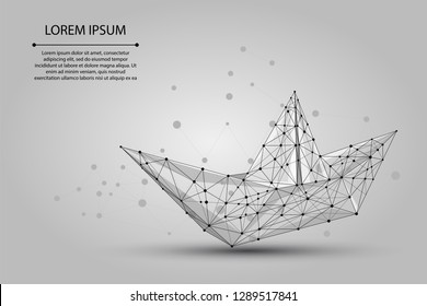 Polygonal wireframe mesh Origami boat from dots lines and stars. Vector Paper ship vector illustration