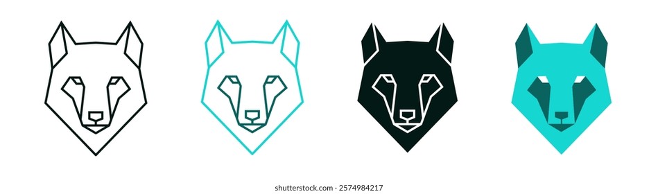 Polygonal wolf head icon set. Low poly animal face. Line or solid logo design for web, print, app or branding. Minimalistic symbol. Modern illustration. Polygon geometric art. Editable vector stroke. 