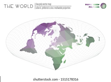 Polygonal world map. Allen K. Philbrick's Sinu-Mollweide projection of the world. Purple and green colored polygons. Elegant vector illustration.