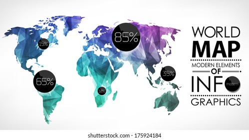 Polygonal World map card. Modern geometrical elements of info graphics. World Map, typography.