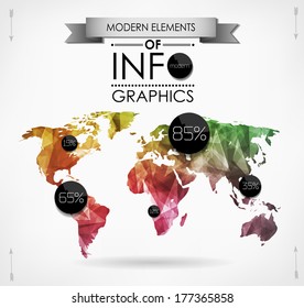 Polygonal World map card. Modern geometrical elements of info graphics. World Map, typography.
