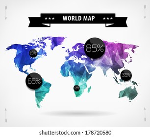 Polygonal World map card. Modern geometrical elements of info graphics. World Map, typography.