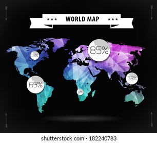 Polygonal World map card. Modern geometrical elements of info graphics. World Map, typography.