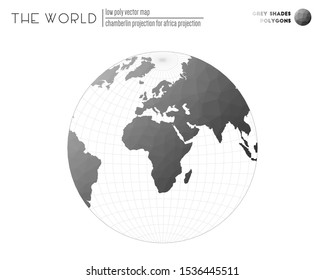Polygonal world map. Chamberlin projection for Africa projection of the world. Grey Shades colored polygons. Contemporary vector illustration.