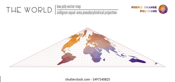 Polygonal world map. Collignon equal-area pseudocylindrical projection of the world. Purple Orange colored polygons. Neat vector illustration.