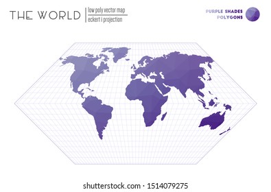 Polygonal world map. Eckert I projection of the world. Purple shades colored polygons. Modern vector illustration.