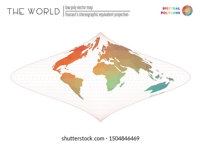 Polygonal world map. Focault's stereographic equivalent projection of the world. Spectral colored polygons. Awesome vector illustration.