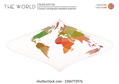 Polygonal world map. Focault's stereographic equivalent projection of the world. Colorful polygons. Beautiful vector illustration.