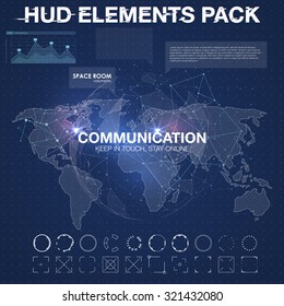 Polygonal world map. Global travel geography and connect, continent and planet, vector illustration. Communication concept in HUD style. For infographic elements, futuristic user interface HUD