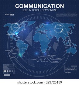 Mapa mundial poligonal. Geografía del viaje global y conexión, continente y planeta, ilustración vectorial. Concepto de comunicación al estilo HUD. Para elementos infográficos, la interfaz de usuario futurista HUD