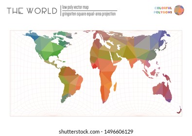 Polygonal world map. Gringorten square equal-area projection of the world. Colorful polygons. Neat vector illustration.