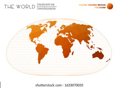 Polygonal world map. Loximuthal projection of the world. Yellow Orange Brown colored polygons. Creative vector illustration.