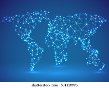 Polygonal world map made of glowing mesh grid on dark blue background