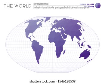 Polygonal world map. McBryde-Thomas flat-polar quartic pseudocylindrical equal-area projection of the world. Purple shades colored polygons. Contemporary vector illustration.