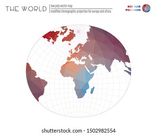 Polygonal world map. Modified stereographic projection for Europe and Africa of the world. Red Blue colored polygons. Creative vector illustration.