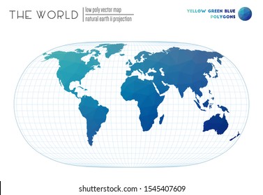 Polygonal world map. Natural Earth II projection of the world. Yellow, Green, Blue colored polygons. Creative vector illustration.