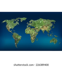 polygonal world map on blue background, vector illustration.